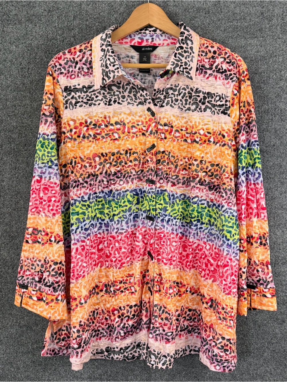 Ali Miles Womens 1X Multicolor Striped Animal Print Button Up Tunic Top Artsy
